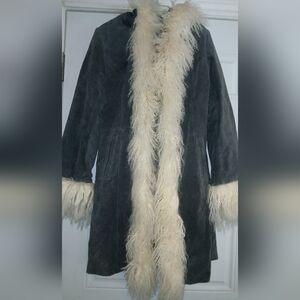 BEAUTIFUL VINTAGE Wilson Maxima Leather Long Gray Suede Coat Faux Fur Trim S